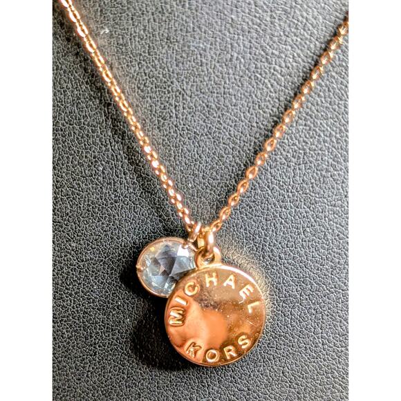 Michael Kors Rose Gold Tone Pave Disc Crystal Pendant 16"-18" Necklace - Picture 3 of 5